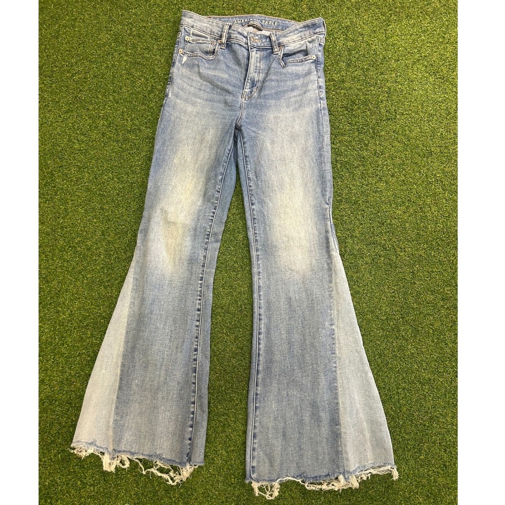 American Eagle Next Level Stretch Two Tone Flare Jeans Light Wash Blue Size 8